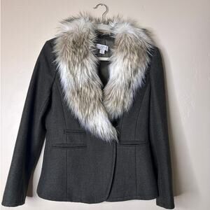 LOFT Deep Green Wool Blend Blazer Peacoat with Fur Collar Accent 12P